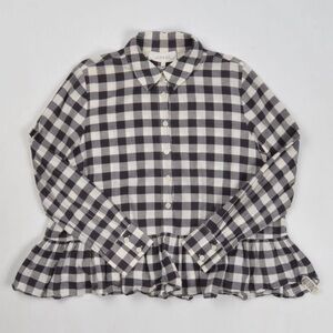 The GREAT. Plaid Cotton Linen Peplum Button Down